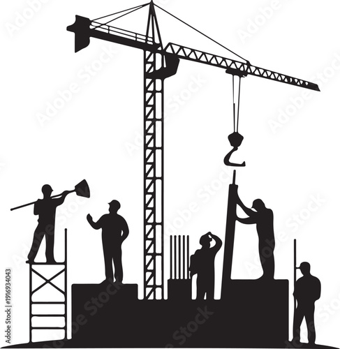 Silhouette of construction workers operating a crane on a building site