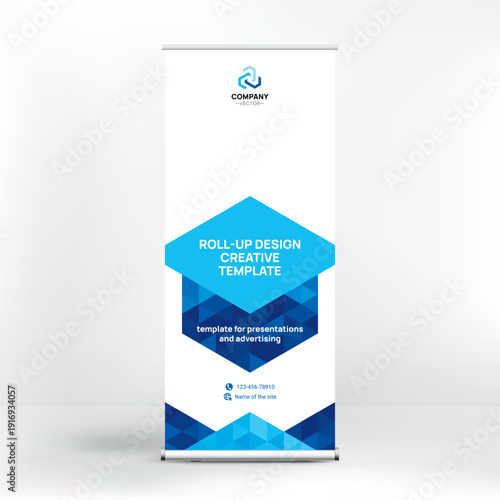 Banner design, roll-up stand for advertising, conferences, seminars, poster template for placing photos and text. Creative background for presentation