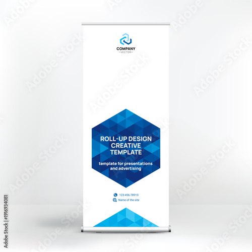 Banner design, roll-up stand for advertising, conferences, seminars, poster template for placing photos and text. Creative background for presentation