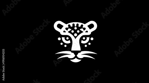 A minimalist, geometric illustration of a big cat's face. The graphic is bold and stark, in negative space