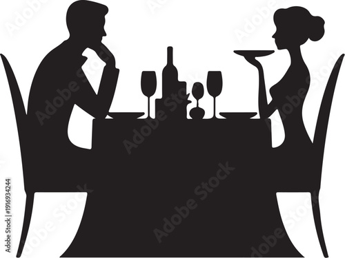 Silhouette of couple dining with waiter in restaurant