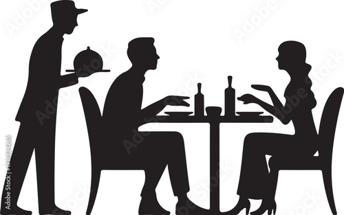 Silhouette of couple dining with waiter in background