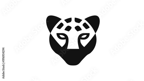 A black and white stylized illustration of an animal's head, possibly a feline. Minimalist design