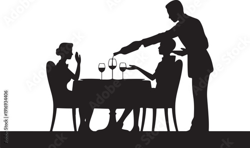 Silhouette of couple dining with waiter pouring wine 2