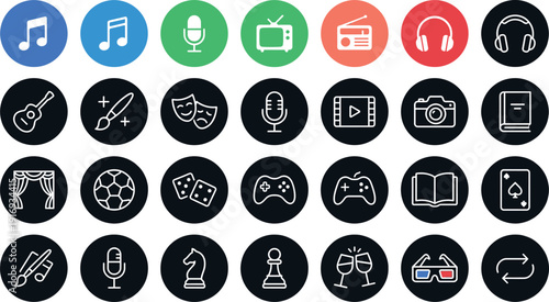 Flat Line Multimedia Icon Set with Entertainment Symbols for Music Video Gaming Sports Art and Theatre Graphic Design Elements for Web and Mobile Apps