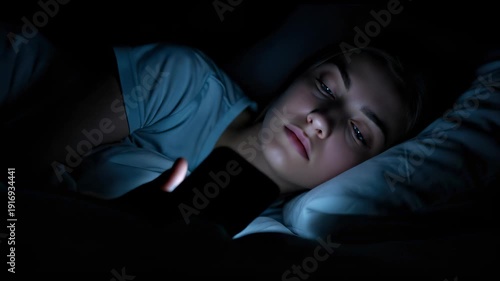 Young woman lying in bed at night unable to sleep while looking at her illuminated smartphone screen in the dark.