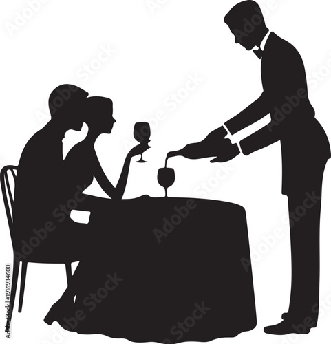 Silhouette of couple dining with waiter serving wine