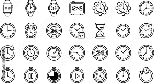 Time and Clock Icon Set Featuring Line Art Illustrations of Watches Alarm Clocks Stopwatches Hourglasses and Digital Timers for Productivity Scheduling and Web Interface Design Elements