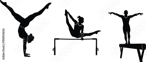 Black vector silhouette set of female gymnasts performing on a balance beam uneven bars and floor exercise for sports branding fitness and athletic design