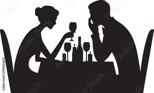 Silhouette of couple dining with wine glasses on table