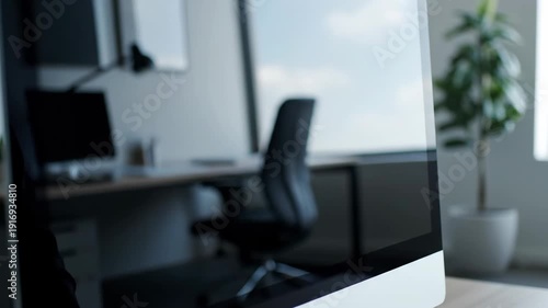 Close up of an unrecognizable employee wiping a dusty computer monitor with a cloth. Concept of workplace hygiene and regular maintenance of office electronics