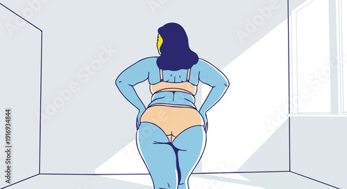 Plus size woman in lingerie standing near window rear view vector illustration
