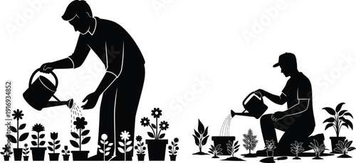 Silhouette of two gardeners tending plants with watering cans in a serene garden setting