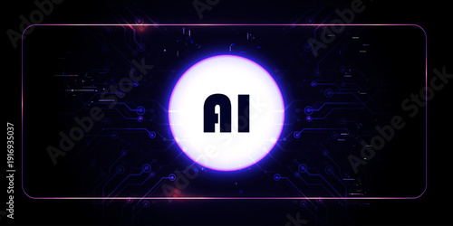 Glowing AI text inside a neon circle over a dark futuristic circuit board background with high-tech elements