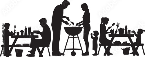 Silhouette of family cooking and preparing food outdoors