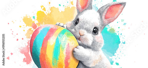 White rabbit holding colorful Easter egg, watercolor splash background. White rabbit holding a brightly striped Easter egg against a vibrant watercolor splash background