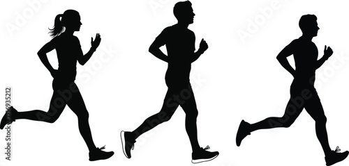 Three silhouetted runners in motion on a white background