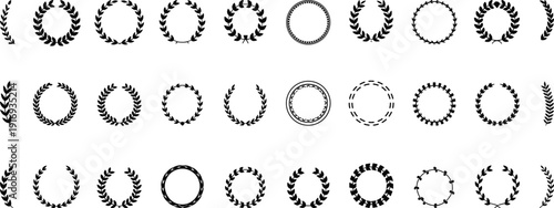 Collection of laurel wreaths vector icons, victory awards, decorative branch frames, heraldic circular emblems, wheat grain trophy borders, black foliage set