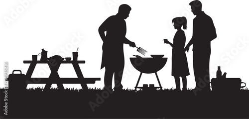 Silhouette of family grilling outdoors with picnic table and supplies