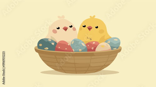 Two cute chicks standing in Easter basket with eggs. Easter greeting card. Two adorable chicks standing on colorful eggs in an Easter basket, representing spring holiday