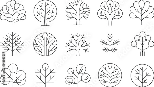 Collection of minimalist geometric tree icons featuring symmetrical line art designs for modern branding, sustainable logos, and architectural landscape site plans