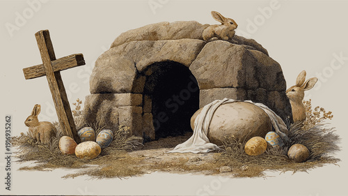 Empty tomb with cross and easter bunnies celebrating resurrection. Easter greeting card. Empty cave, stone rolled away, with cross, bunnies and colorful Easter eggs