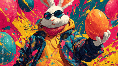 Cool Easter bunny wearing sunglasses holding decorated egg. Easter poster. Anthropomorphic bunny wearing colorful jacket, surrounded by paint splatters and festive eggs