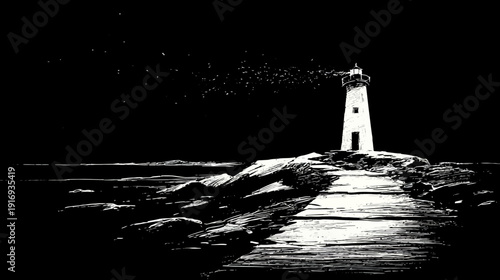 A stark black and white illustration of a lighthouse on a rocky shore beneath a star-filled sky