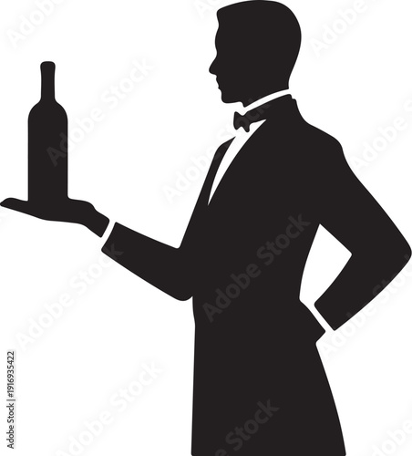 Silhouette of man in suit holding wine bottle bow tie