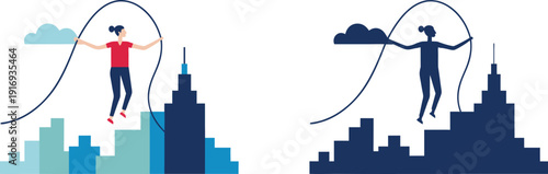 City skyline silhouettes with jumping figures