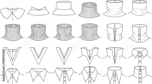Collection of shirt collar designs, fashion vector illustration set, neckline styles template, garment construction graphics, tailoring apparel concept, flat vector art illustration