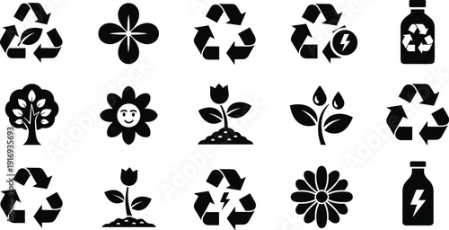 Eco sustainability icons collection, recycling nature vector illustration set, environmental conservation graphics, renewable energy design concept, green lifestyle symbols, flat vector art