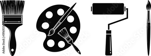 Black vector silhouette set of professional art tools featuring paint brushes a wooden palette with paint and a roller for creative hobby and branding