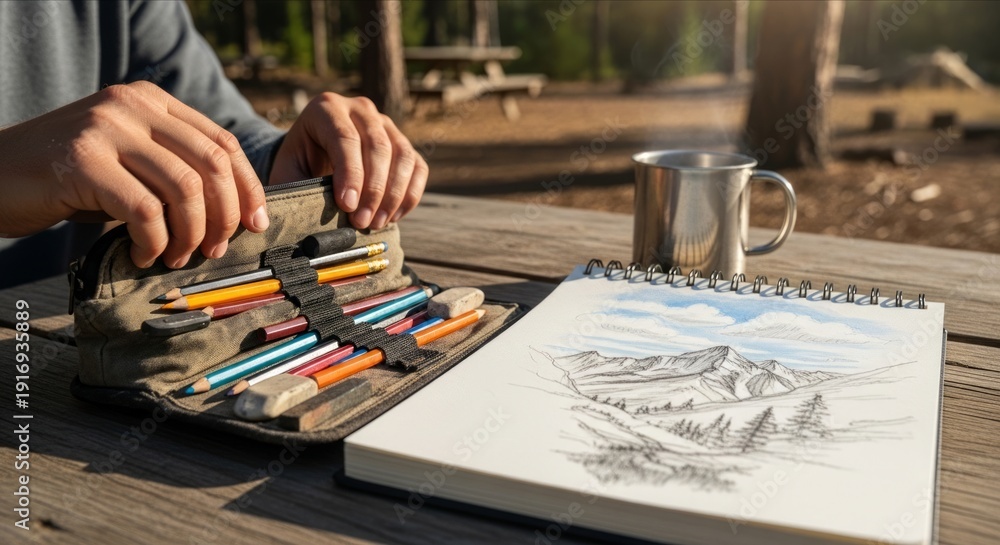 Obraz premium Creative Art Process with Sketchbook and Color Pencils Outdoors