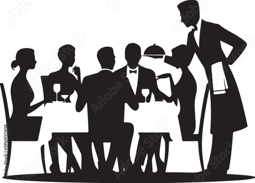 Silhouette of people dining and serving at a restaurant