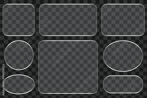 Trend liquid glass frames and buttons set transparent background. Vector of realistic illustration of glass morphism text boxes. Modern liquid glass.