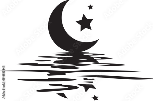 Crescent Moon and Stars Reflecting on Water Surface Night Sky Silhouette
