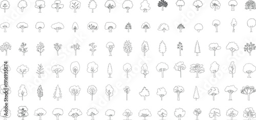 Large collection of minimalist tree line art icons featuring various species like pine, oak, and maple for landscape architecture and map design