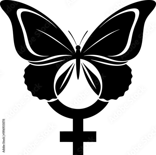 Black butterfly female gender symbol combination on transparent background