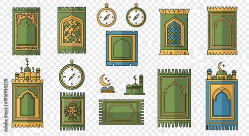 Ramadhan Kareem Vector Collection A Serene Assortment of Islamic Prayer Mats, Qibla Compasses, and Mosque Symbols for Spiritual Devotion and Faith Practices