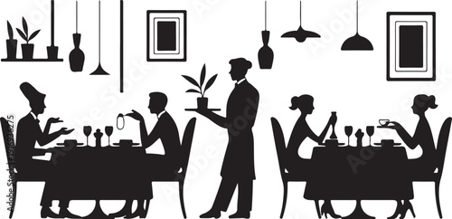 Silhouette of people dining in a restaurant with a waiter 1
