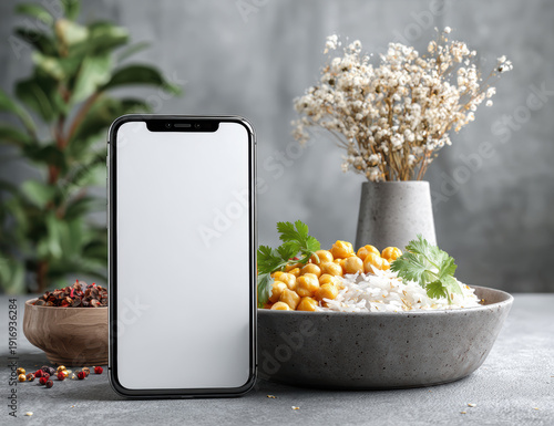 Smartphone mockup showing blank screen with chickpea curry and rice bowl, presenting food delivery app or healthy meal concept