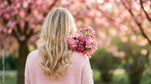 Blonde woman in pink sweater with pink flowers over shoulder, spring nature background