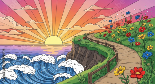 Vibrant cliffside path with colorful flowers and ocean waves at sunset with a beautiful sky