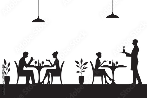 Silhouette of people dining in a restaurant with a waiter