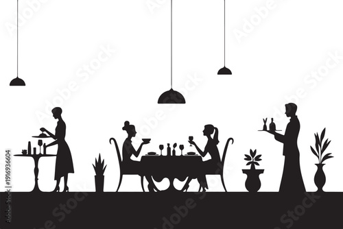 Silhouette of people dining in a restaurant with hanging lamps 1
