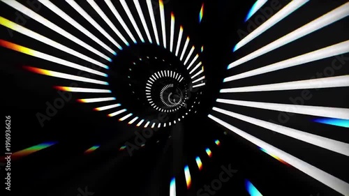 Dynamic Neon Light Spiral Tunnel Effect. Abstract Digital Vortex Background with Chromatic Aberration and Rainbow Prismatic Glitches