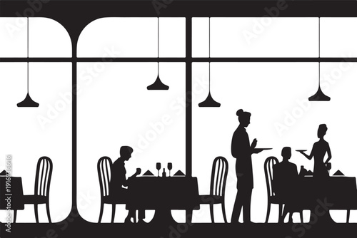 Silhouette of people dining in a restaurant with hanging lamps