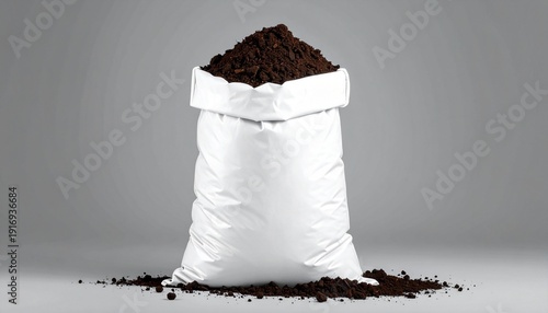 Open White Sack Filled with Rich Dark Potting Soil Placed Beside a Small Pile of Earth with a Single Green Sprout