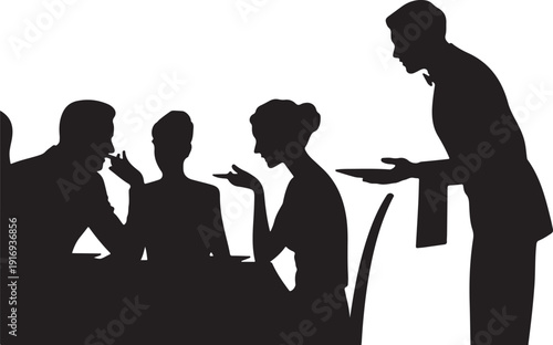 Silhouette of people dining with a waiter serving